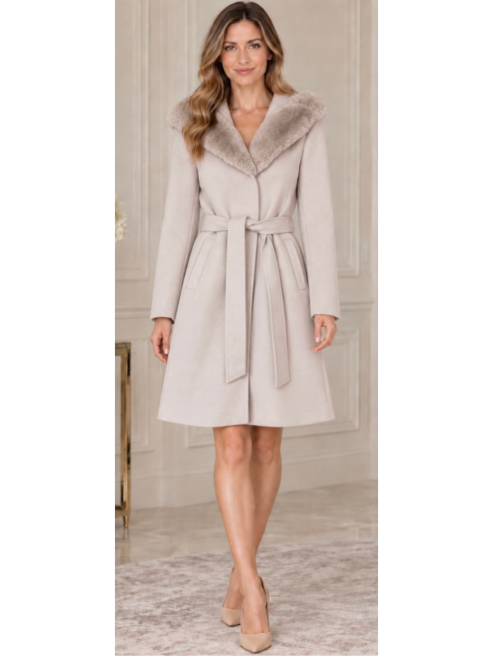 NetWork Turkish Luxury Beige Hooded Faux Fur Trim Belted Coat Size S Wool Blend